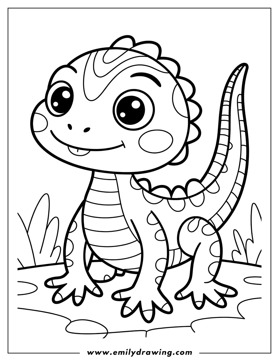 Outline of a friendly-looking lizard with large eyes, patterned skin, and a curled tail.
