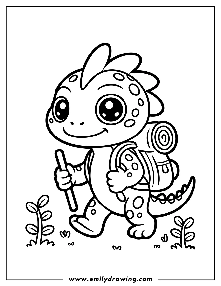 Line art of a small lizard hiking with a backpack and walking stick.