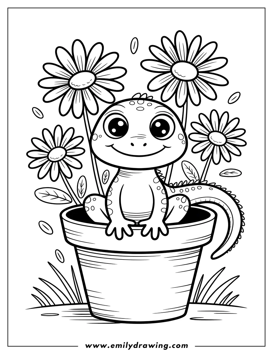 Outline of a lizard sitting in a flower pot with daisies surrounding it. Grass is visible at the base of the pot.