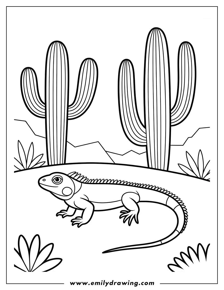 Outline of a lizard walking near two large cacti in a desert setting.
