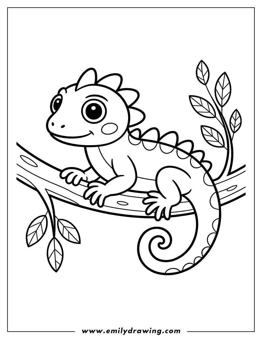 Outline of a lizard sitting on a tree branch with leaves.