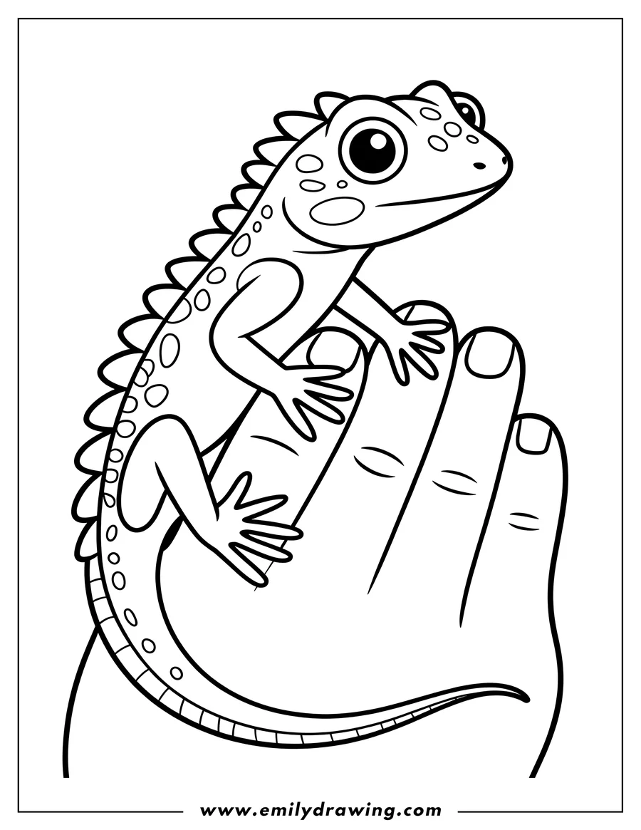 Outline of a small lizard sitting on a person's hand. The lizard has a textured back and spots. 