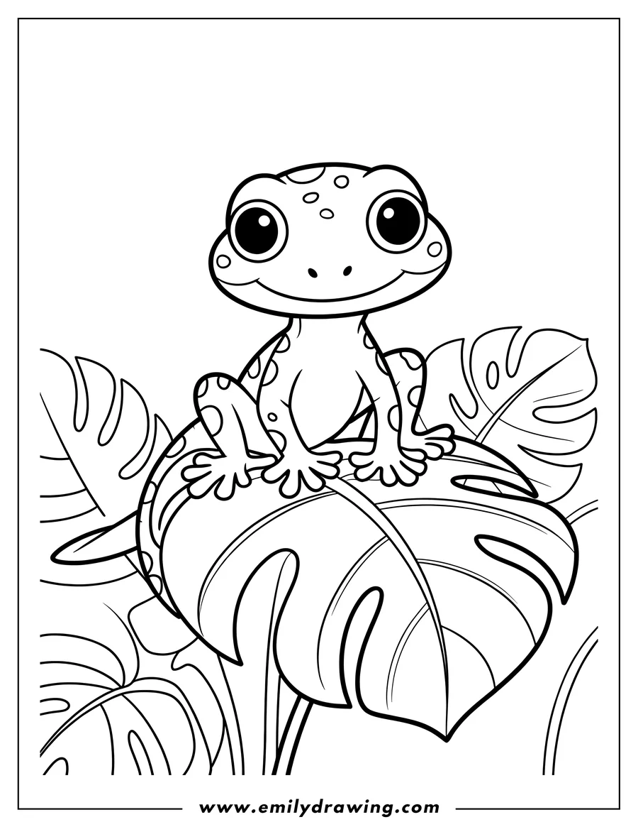 Outline of a small spotted lizard sitting on a large monstera leaf.