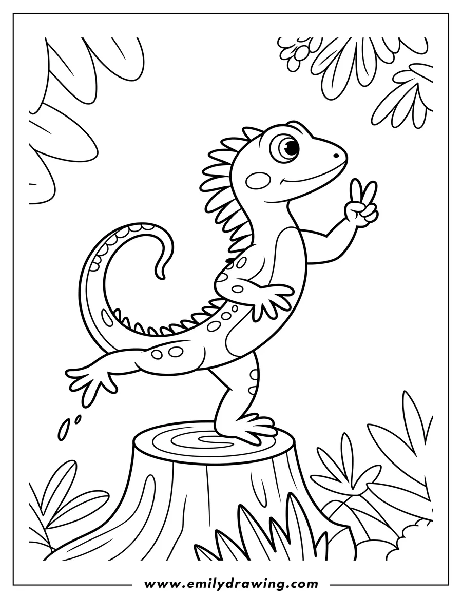 Outline of a lizard standing on one leg on a tree stump, making a peace sign with its hand.