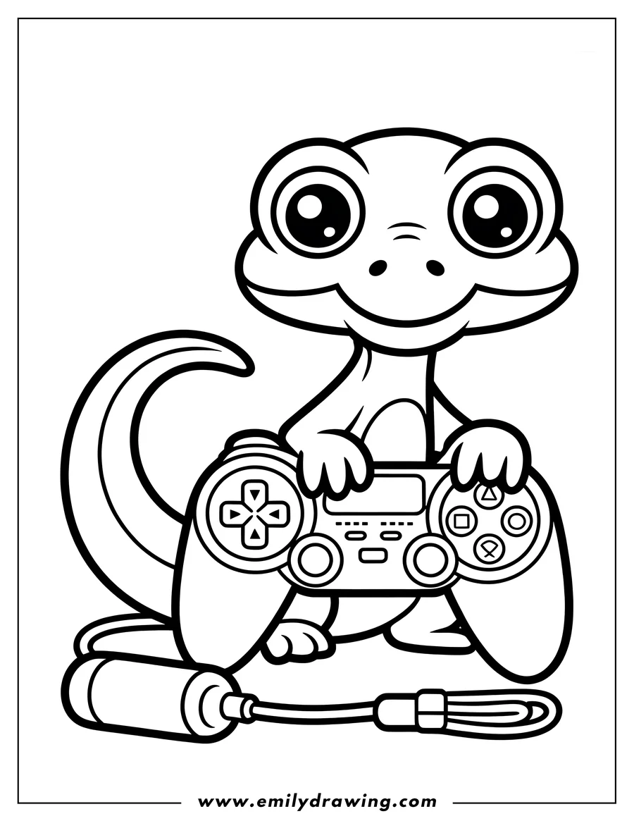 Outline of a lizard holding a video game controller with a cord.