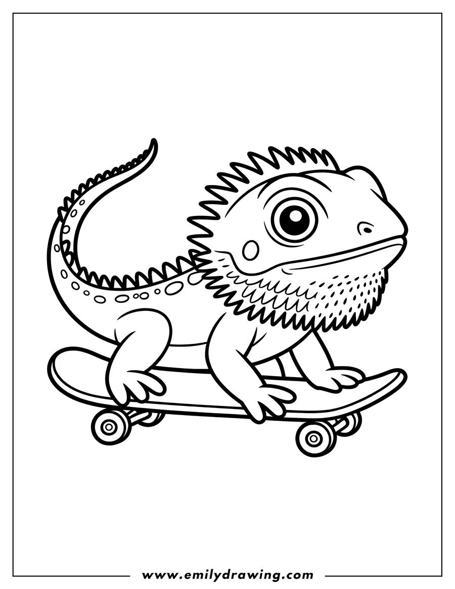 Outline of a lizard riding a skateboard.