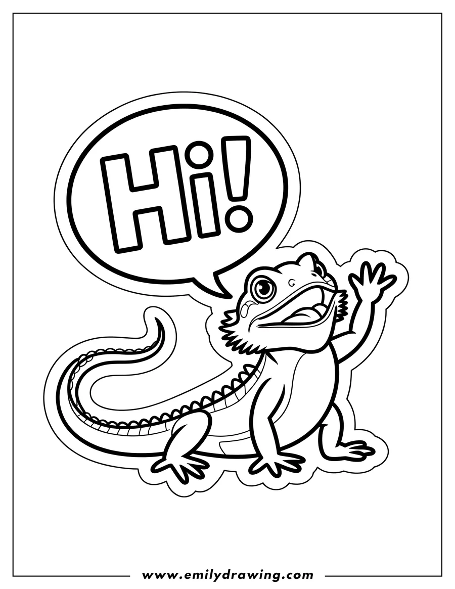 Outline of a friendly lizard with a speech bubble saying 'Hi!', waving its hand in greeting.