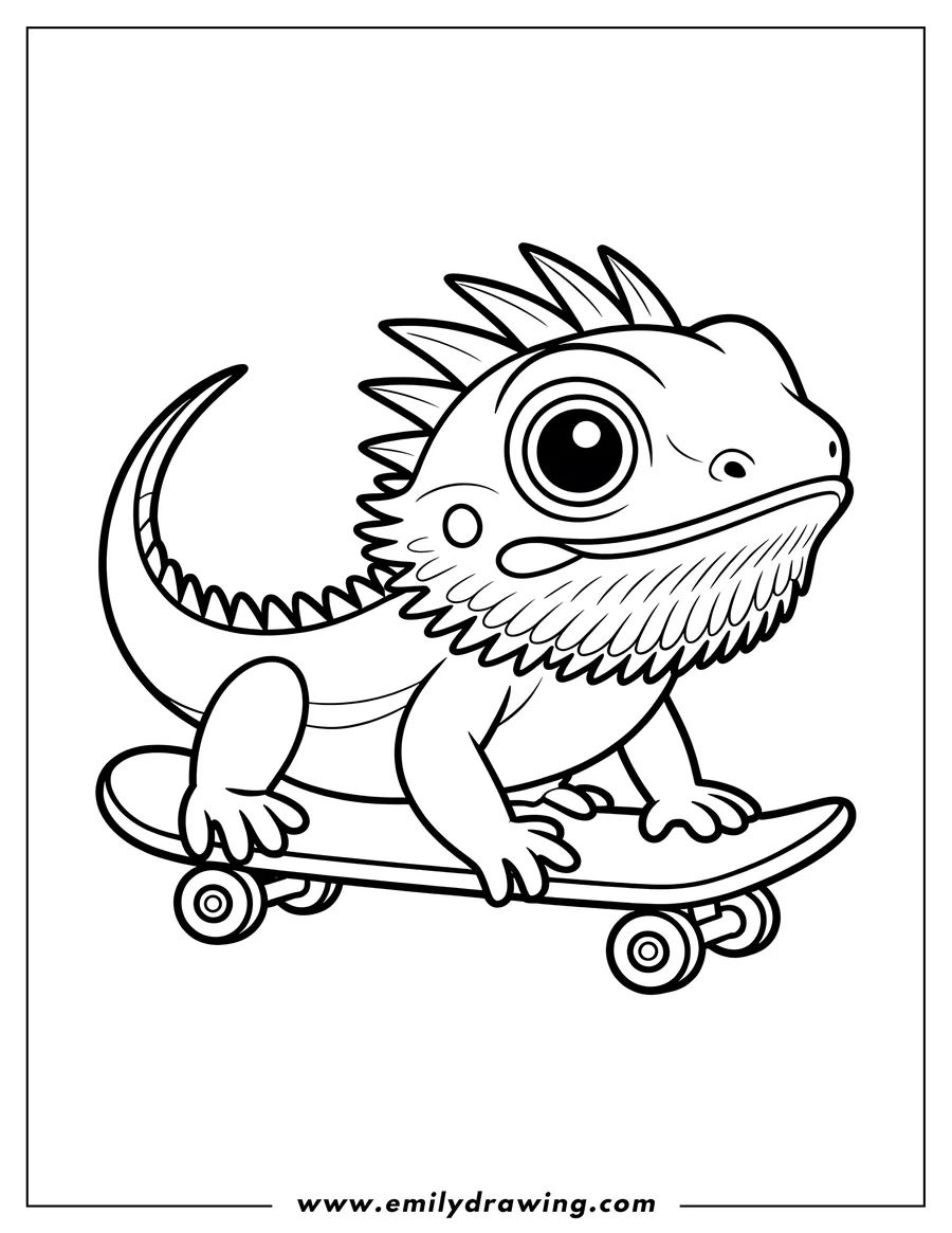 Outline of a lizard riding a skateboard.