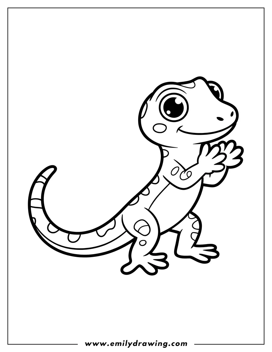 Outline of a lizard standing with a curled, spotted tail.