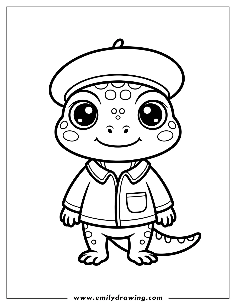 Outline of a lizard wearing a beret and a jacket. The lizard has large, friendly eyes and a spotted tail.