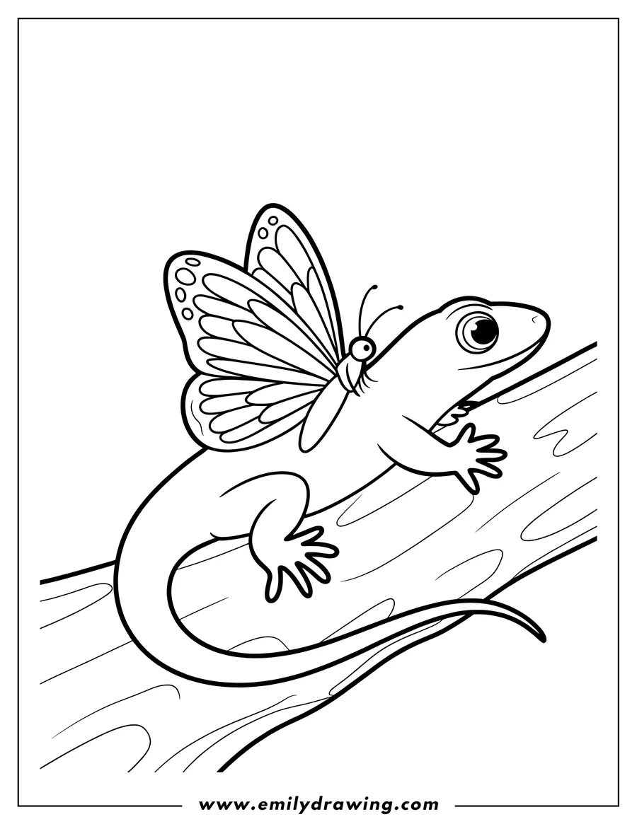 Line art of a lizard with large butterfly wings sitting on a tree branch.