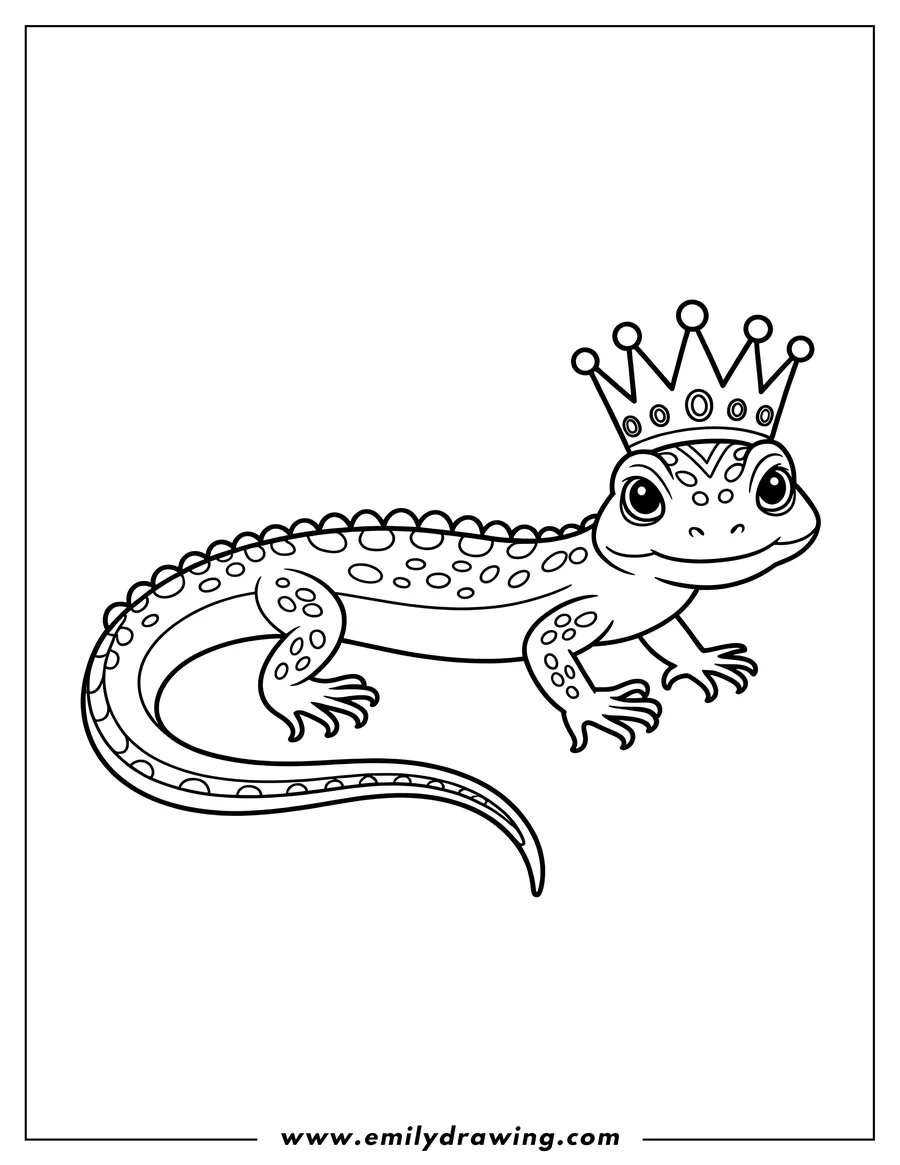 Line art of a lizard wearing a crown.