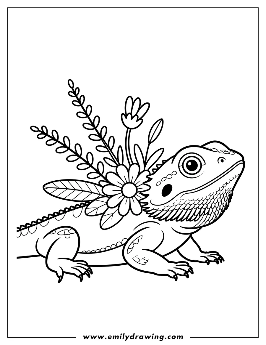 Line art of a lizard with flowers and leaves growing from its back.