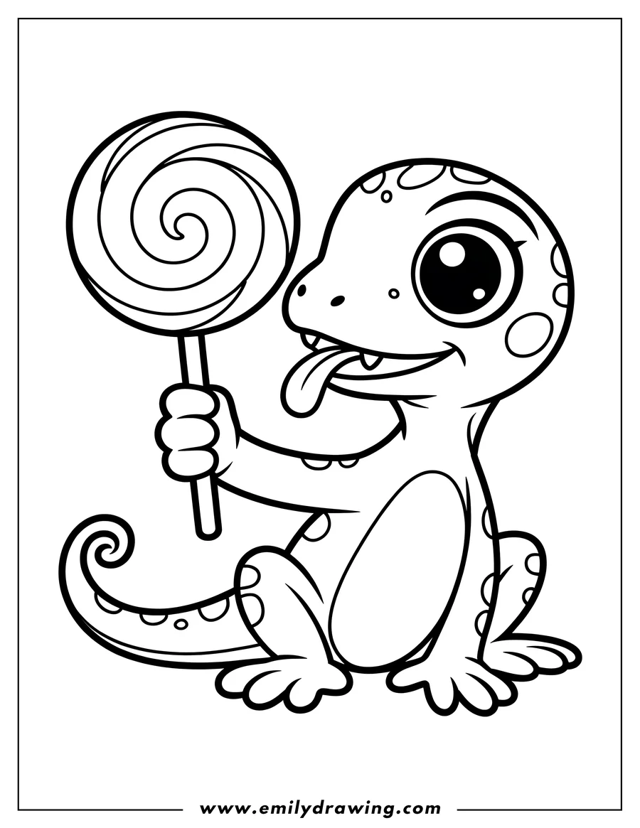 Line art of a lizard holding a large lollipop.