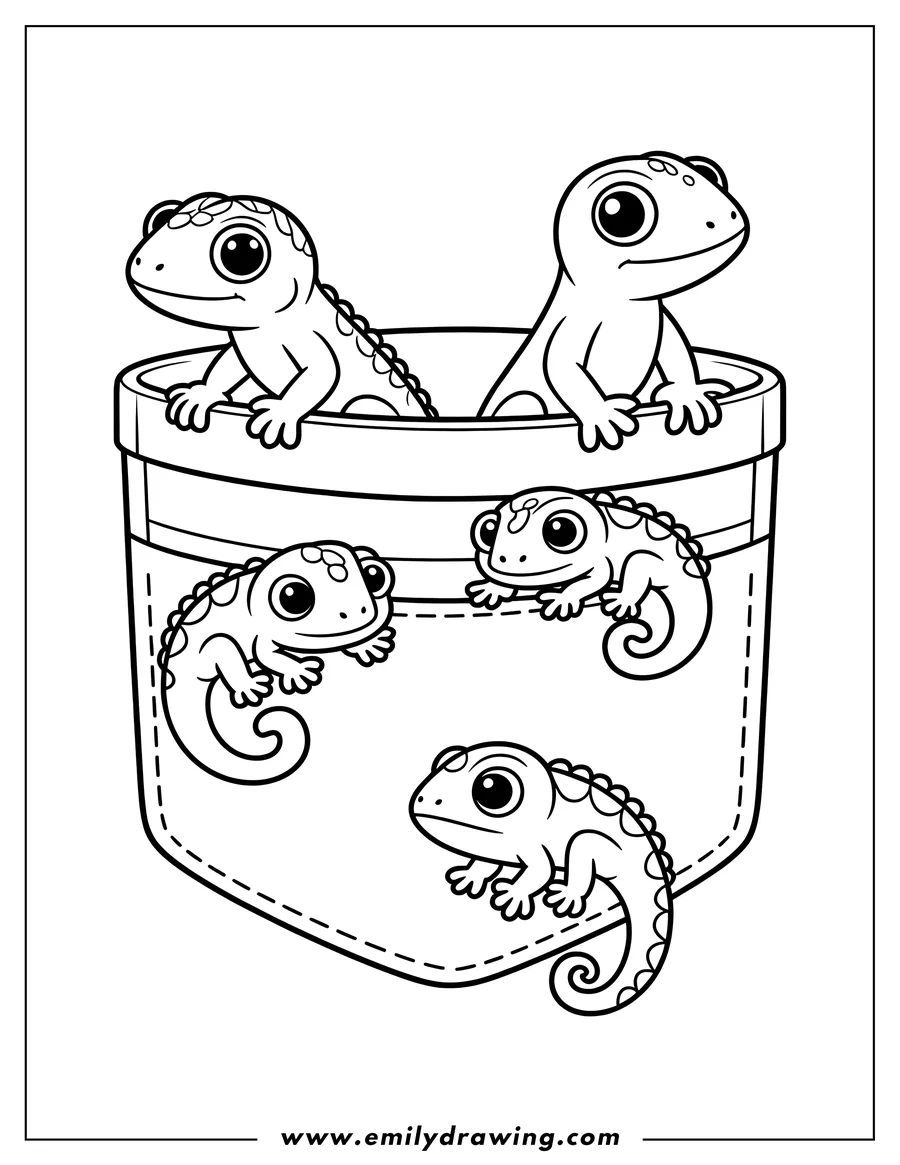 Outline of four small lizards, two inside and two perched on the edge of a pocket.