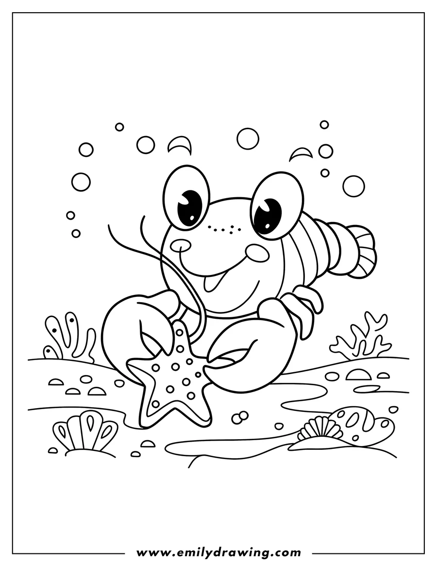 Line art of a lobster holding a starfish on the ocean floor. Seaweed and shells surround them.