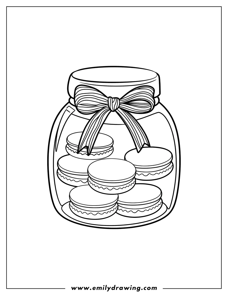Outline of macarons in a jar tied with a ribbon.