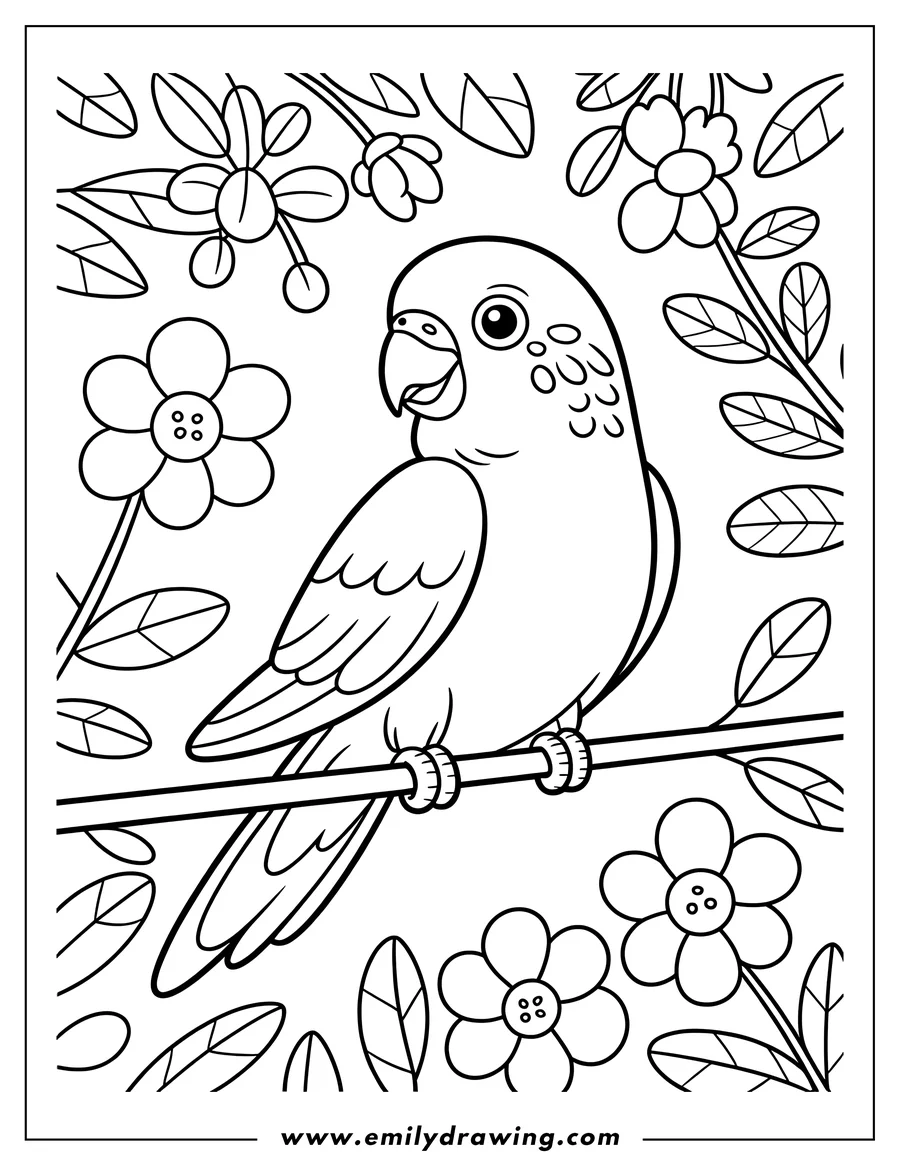 Outline of a macaw perched on a branch, surrounded by flowers and leaves.