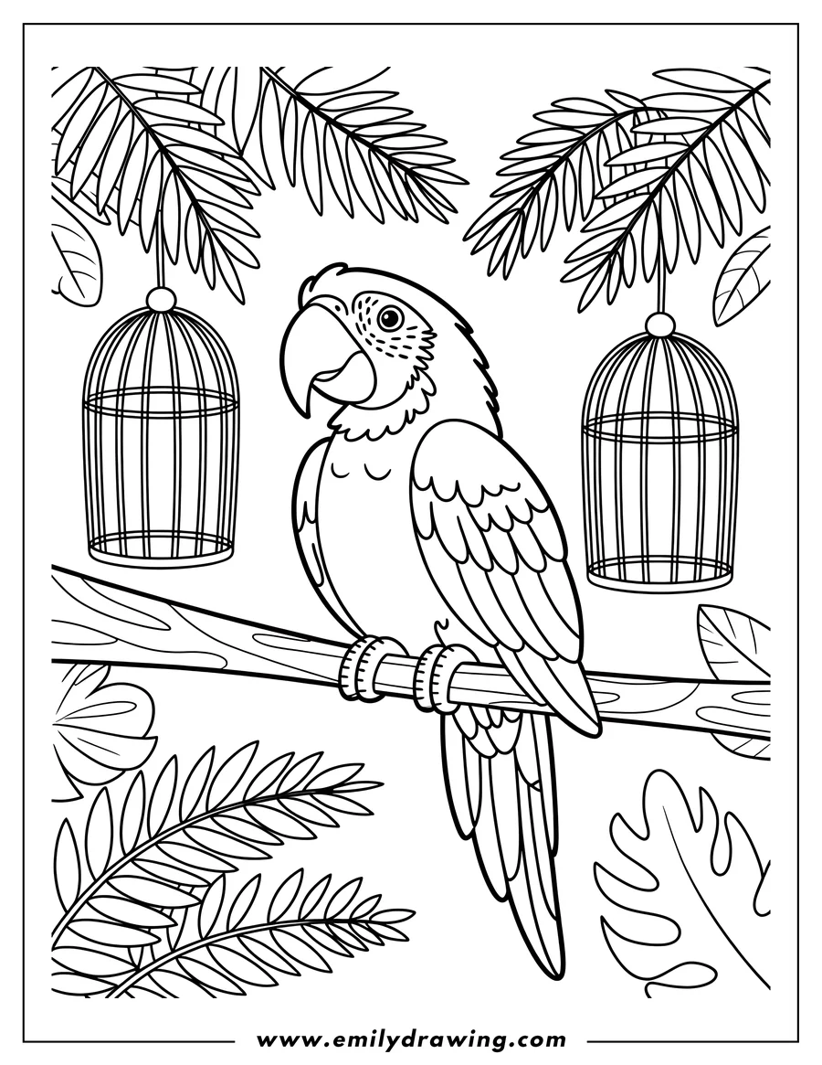Outline of a macaw perched on a branch with two birdcages hanging nearby, surrounded by tropical leaves.