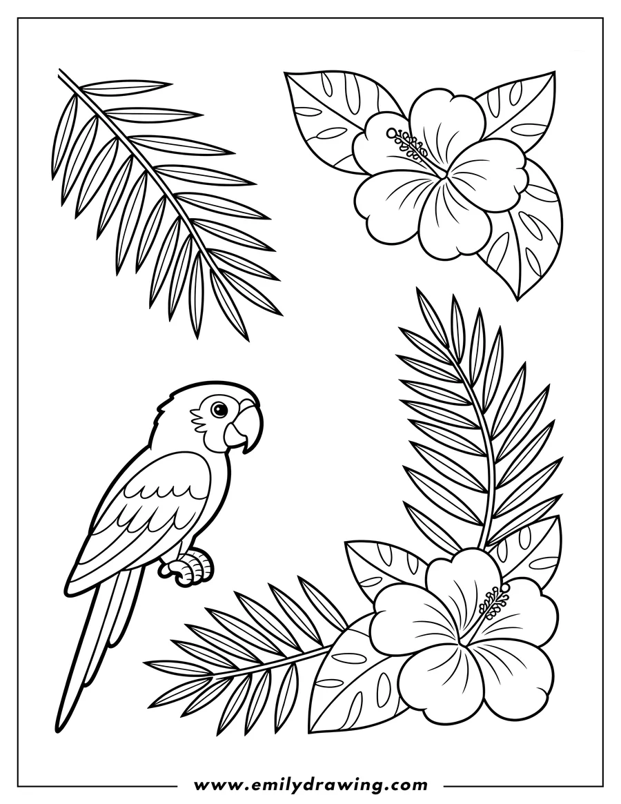 Outline of a macaw surrounded by hibiscus flowers and tropical leaves.