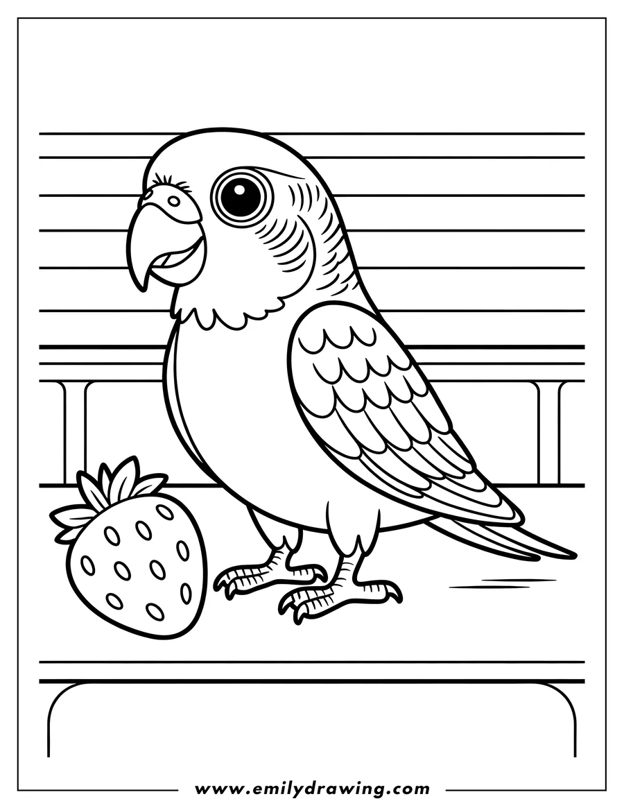 Line art of a macaw standing next to a strawberry.
