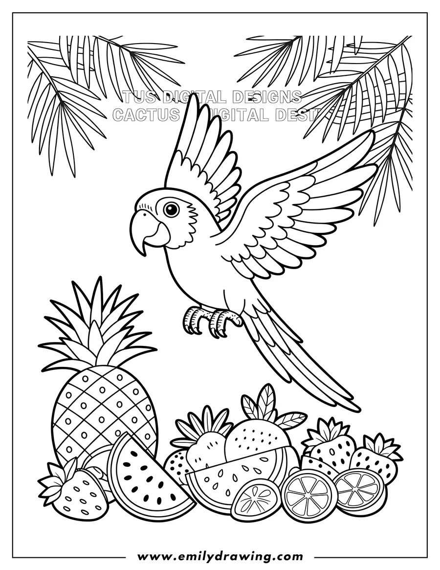 Line art of a macaw flying above a selection of tropical fruits including pineapple, watermelon, strawberries, and oranges.