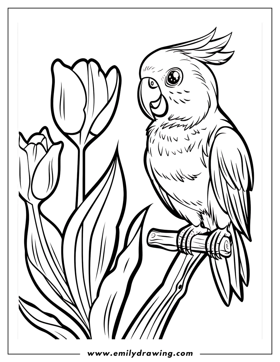 Outline of a macaw perched on a branch near tulips.