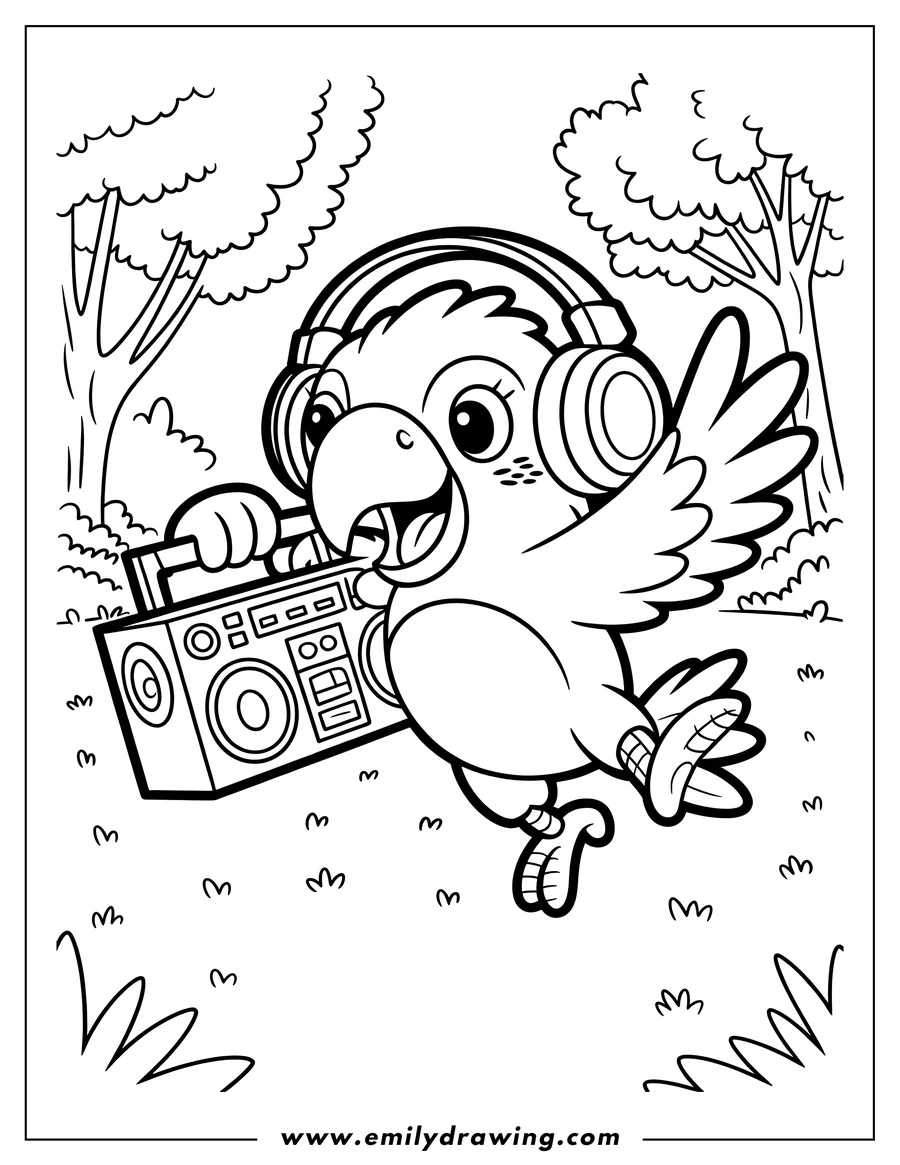 Line art of a macaw carrying a boombox while wearing headphones in a grassy area with trees.