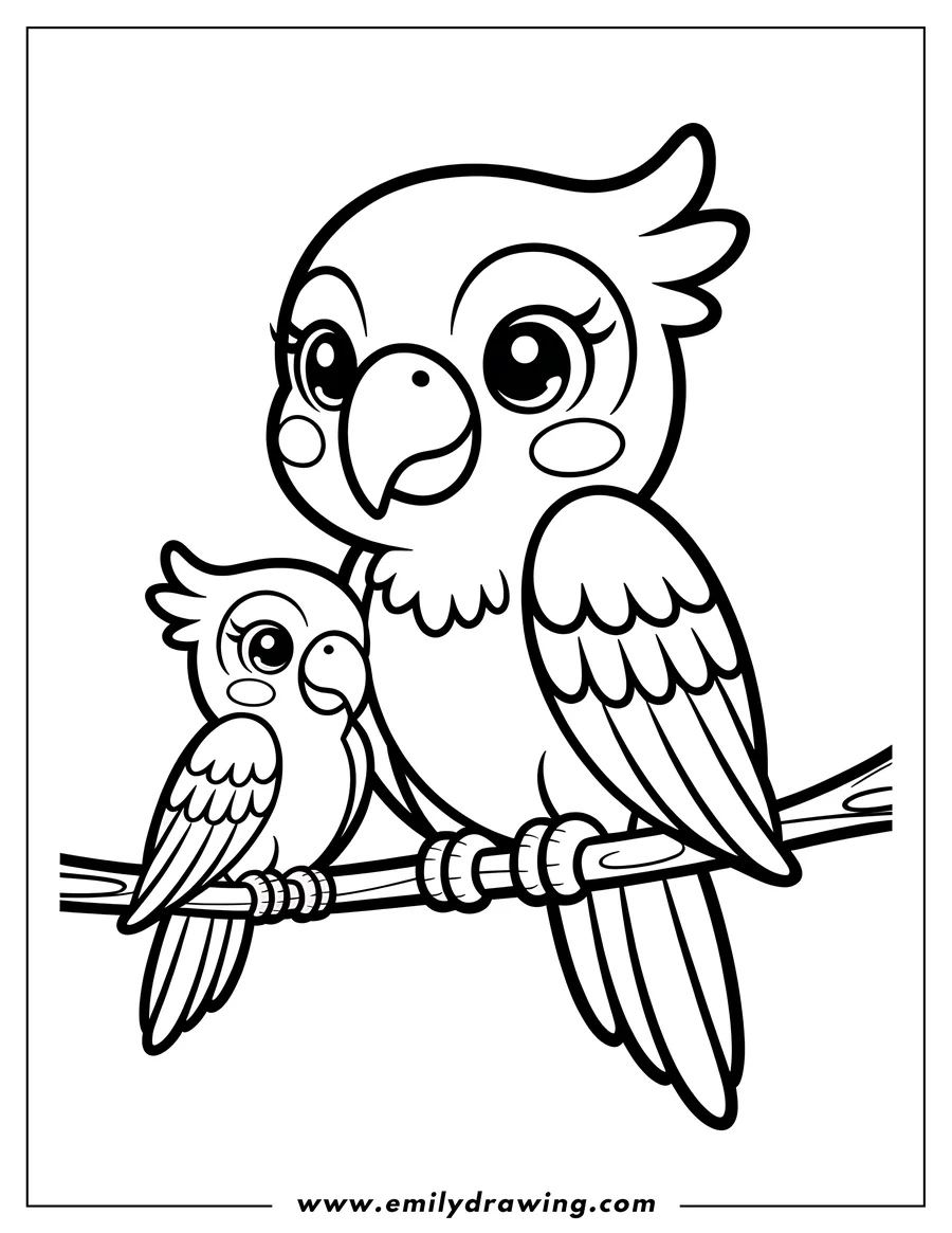 Outline of two macaws, likely a parent and child, perched side by side on a tree branch.