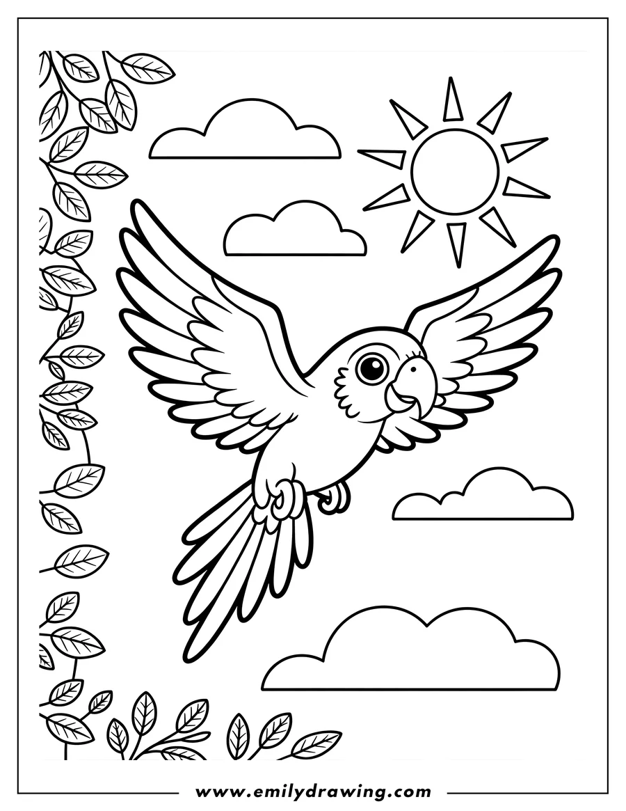 Line art of a macaw with outstretched wings, soaring through a sunny sky with fluffy clouds. Leaves frame the sides, suggesting a tropical setting.