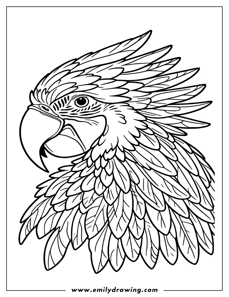 Line art of a macaw head, showcasing detailed feather patterns.