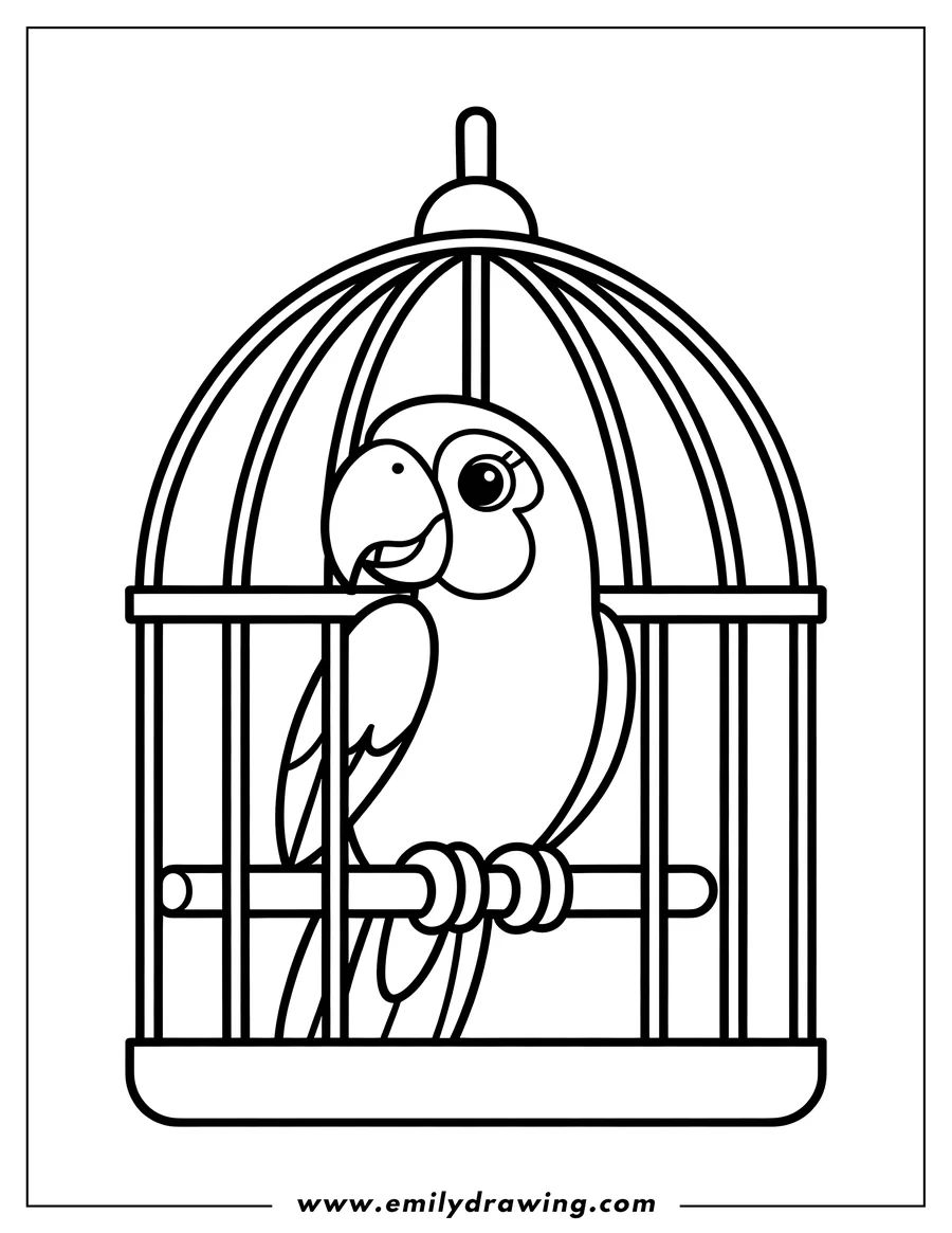 Outline of a macaw perched inside a birdcage.