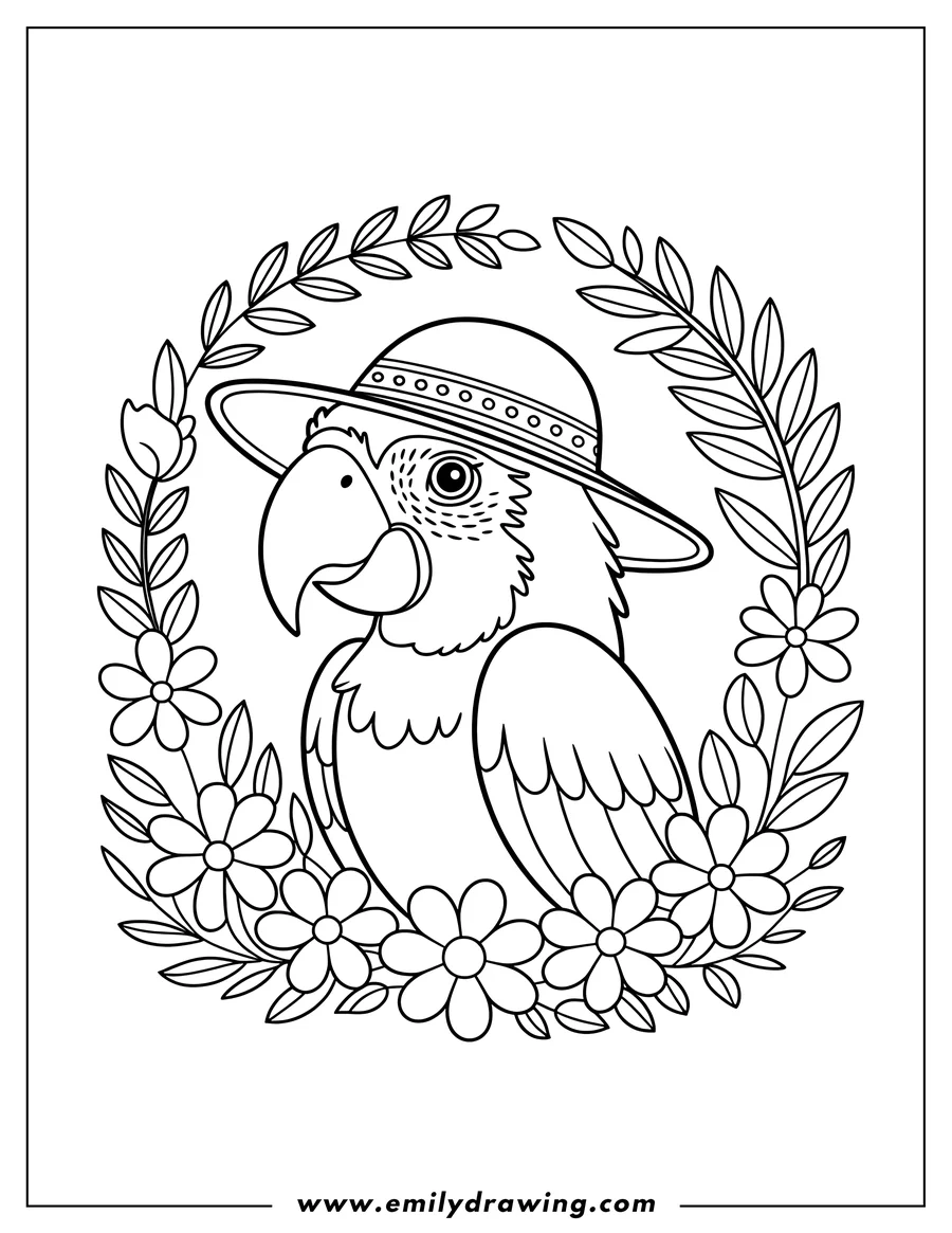Outline of a macaw wearing a hat and sitting in a floral wreath.