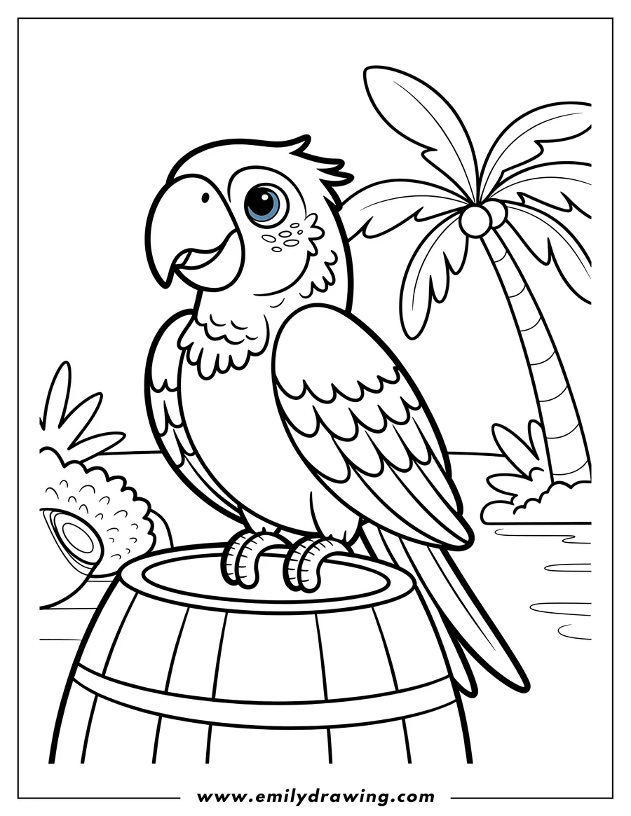 Outline of a macaw perched on a wooden barrel near a palm tree and water.