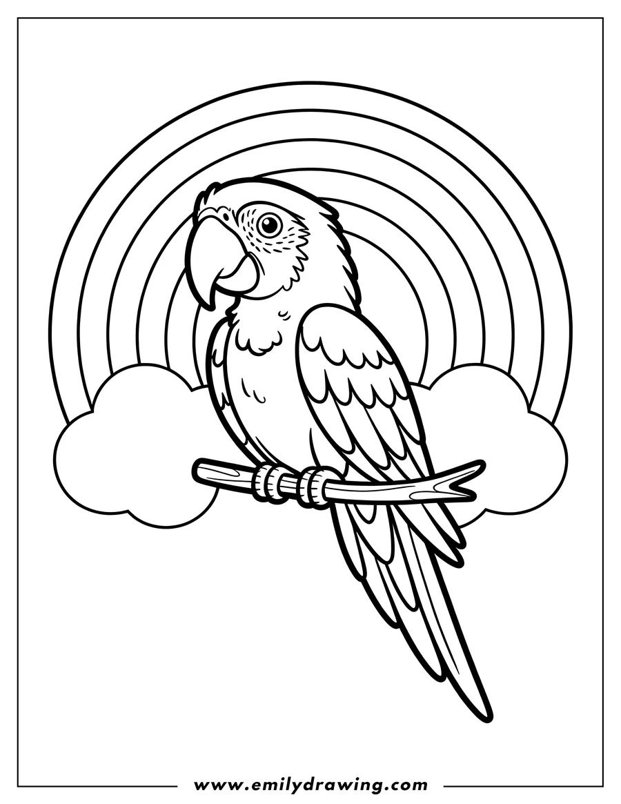 Outline of a macaw perched on a branch with a rainbow behind it.