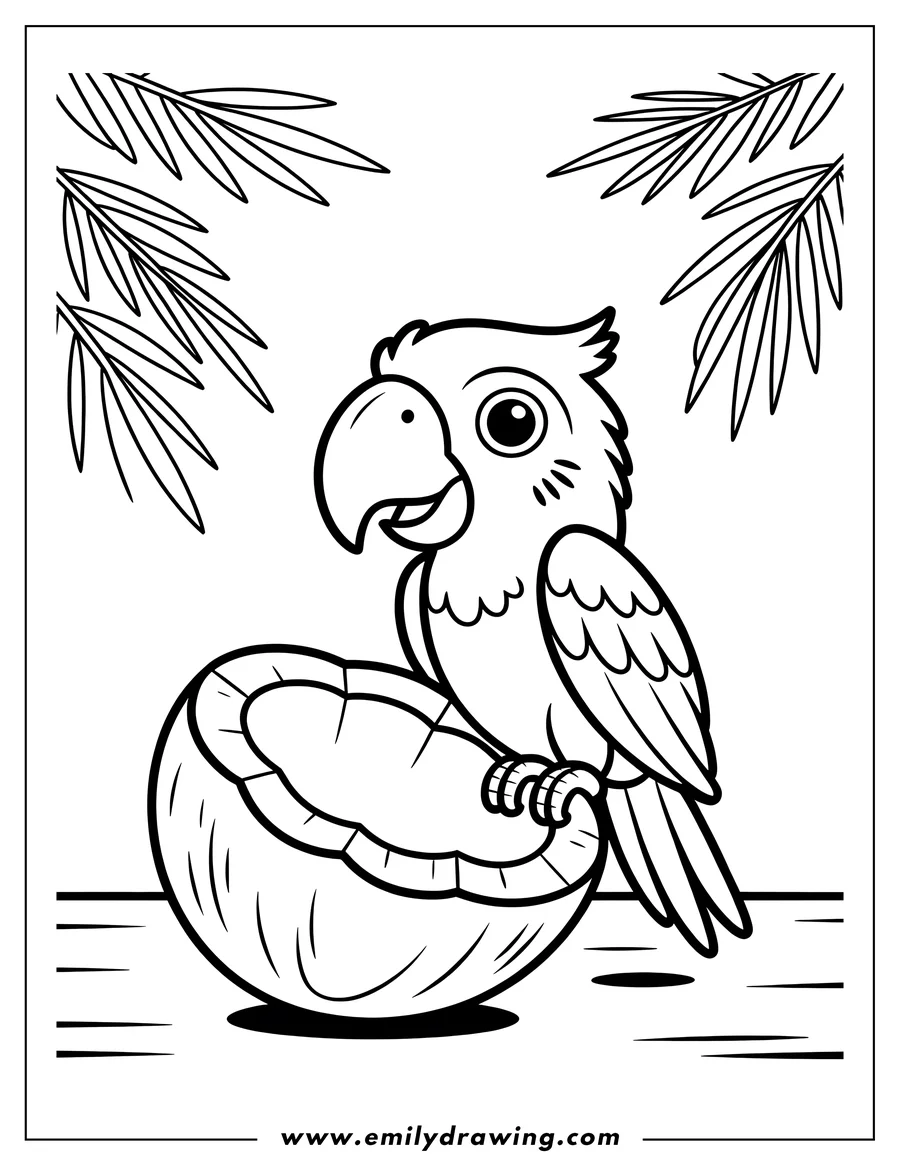 Outline of a macaw perched on a coconut, with palm leaves in the background.