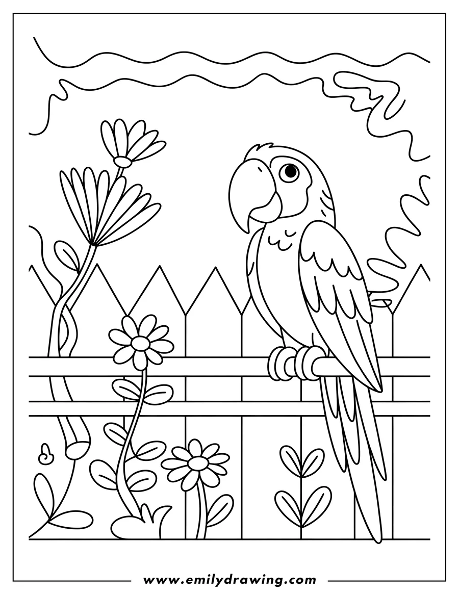 Outline of a macaw perched on a wooden fence with flowers growing nearby.