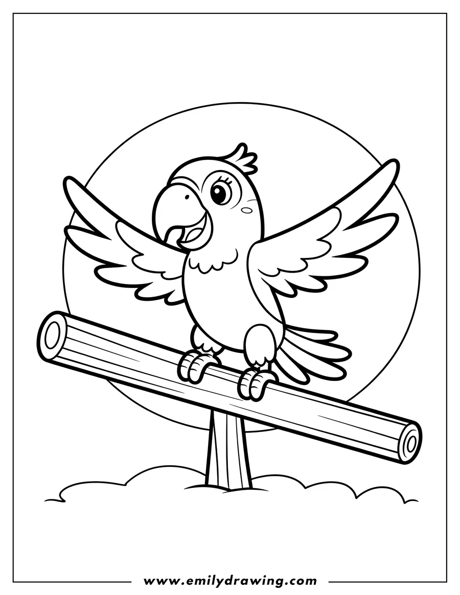Outline of a cheerful macaw perched on a wooden branch with outstretched wings, set against a simple background.