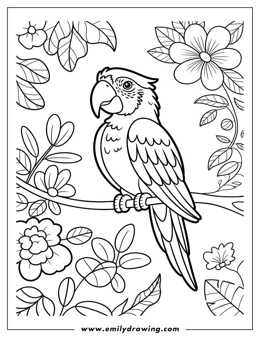 Line art of a macaw perched on a branch, surrounded by flowers and leaves.