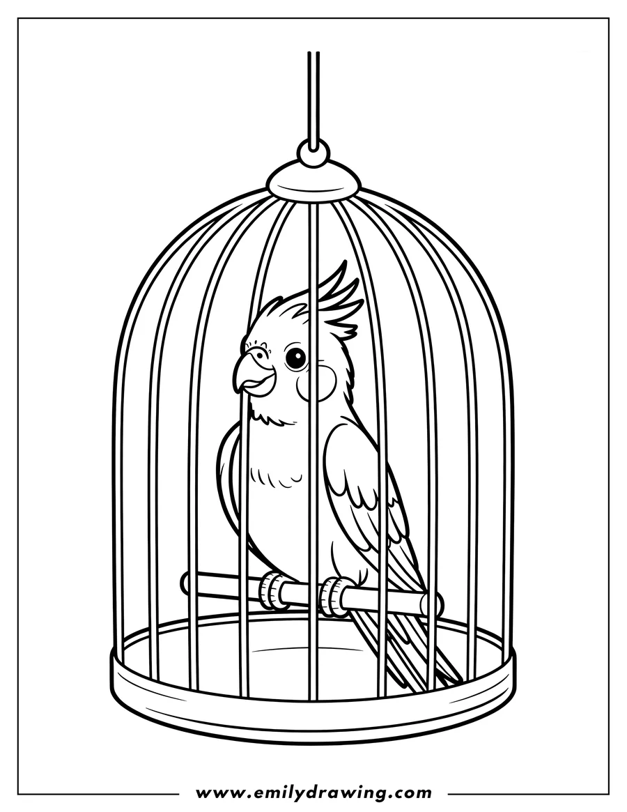 Outline of a macaw perched on a branch inside its cage. The macaw has a large beak and detailed feathers.