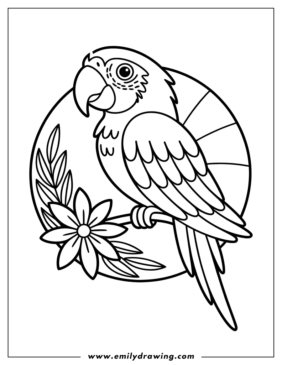 Line art of a macaw perched on a branch, with a tropical flower and stylized background.