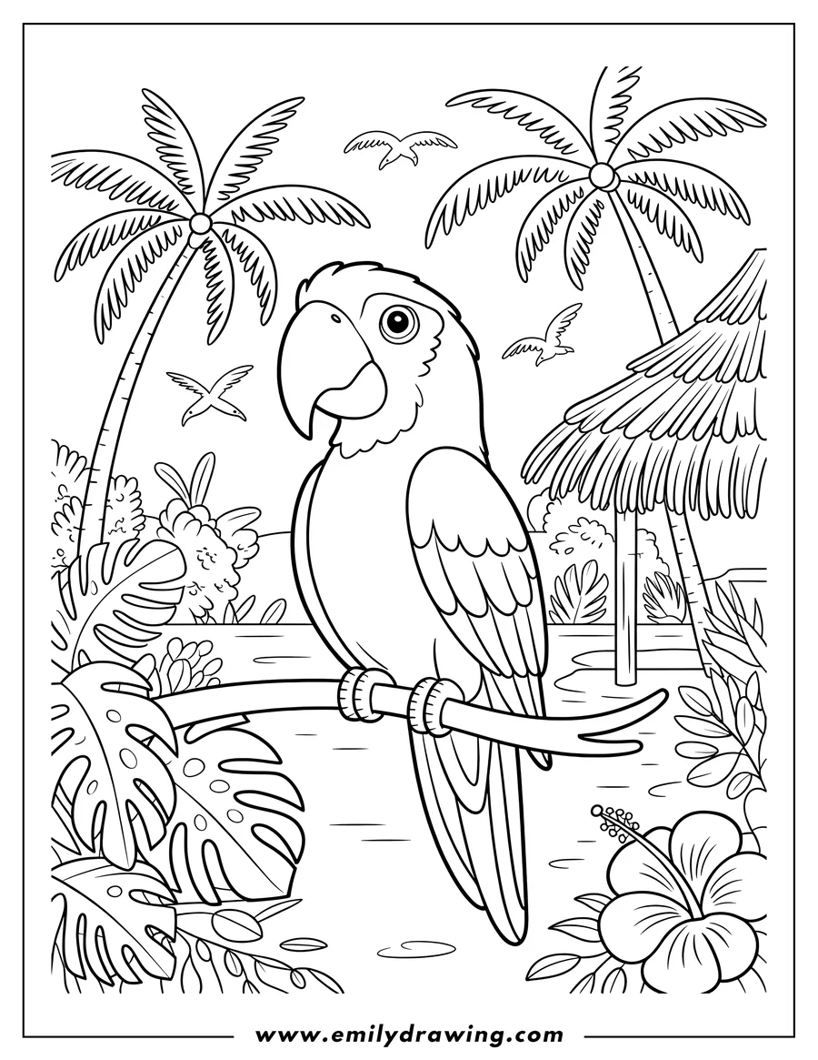 Line art of a macaw perched on a branch in a tropical setting with palm trees, lush foliage, and a hibiscus flower.
