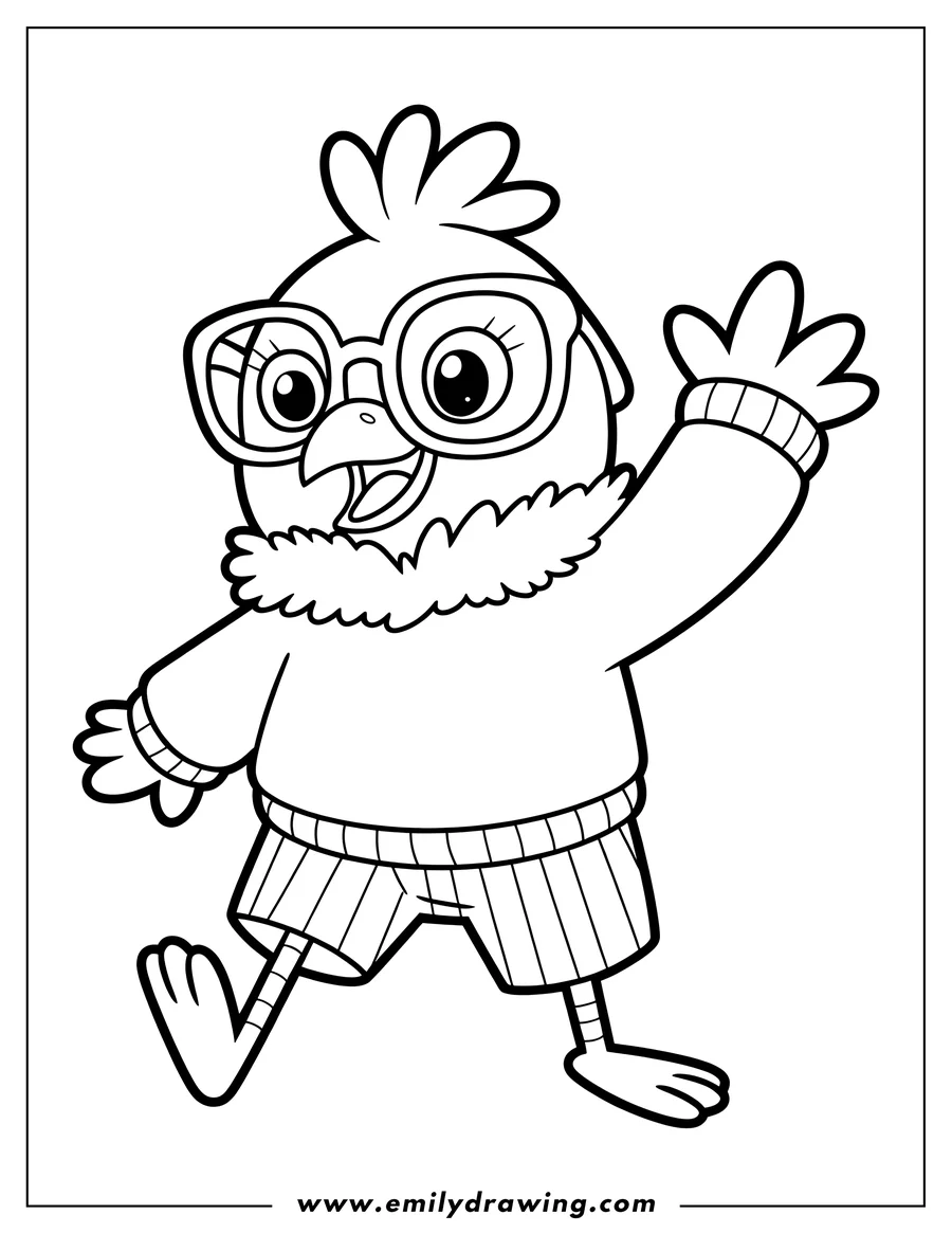 Line art of a macaw wearing glasses, a fluffy collar, a sweater, and striped shorts, waving hello.