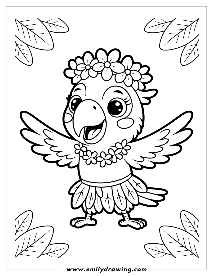 Outline of a macaw wearing a flower crown and lei, with outstretched wings.
