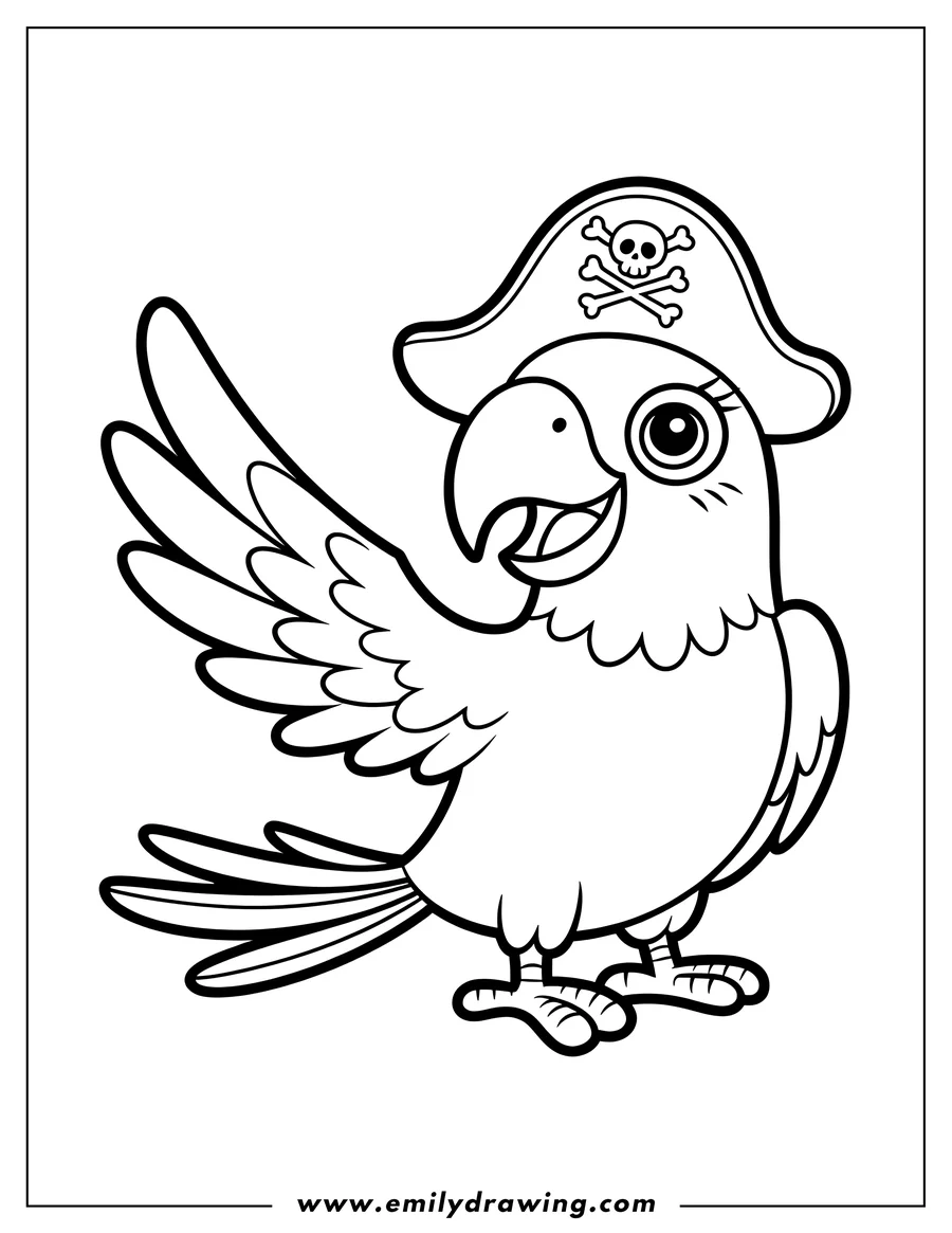 Line art of a macaw wearing a pirate hat with a skull and crossbones design. The macaw's wing is outstretched.