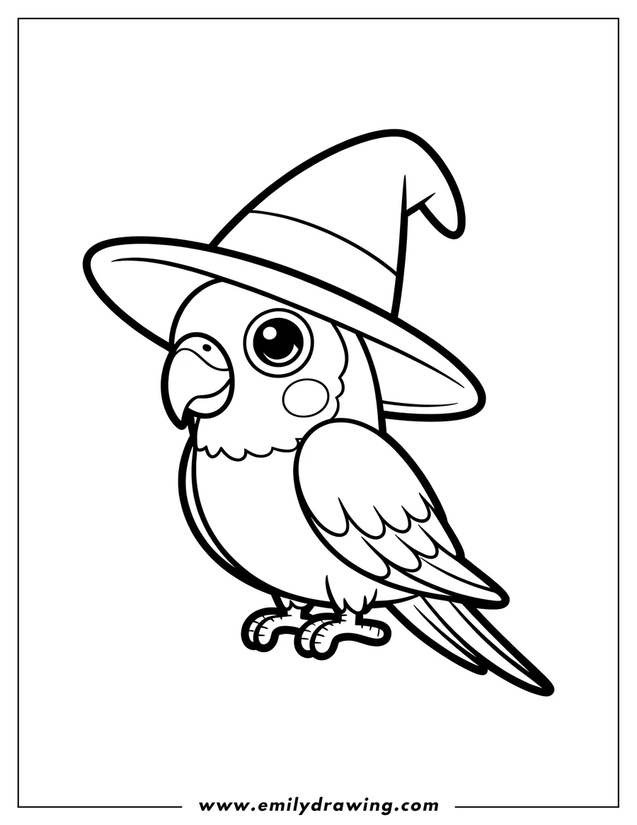 Outline of a macaw wearing a witch's hat.