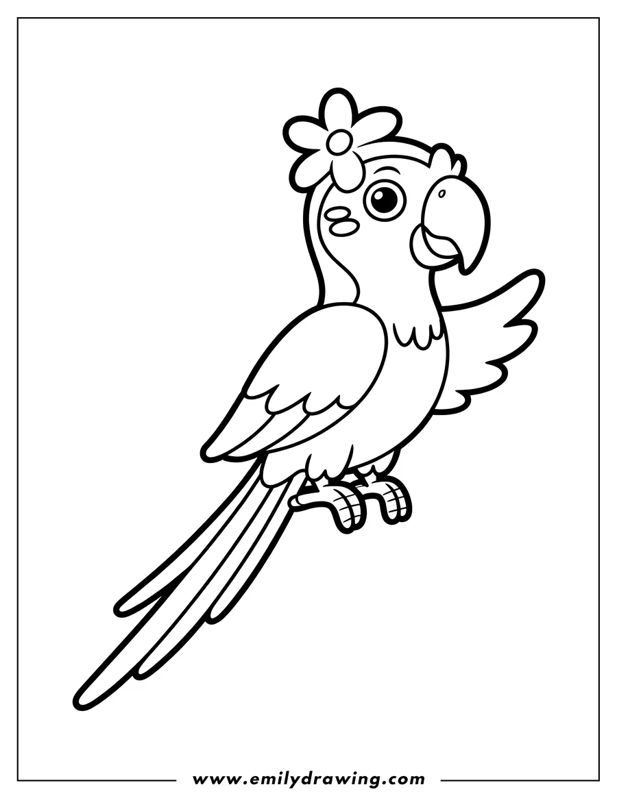 Line art of a macaw with a flower on its head