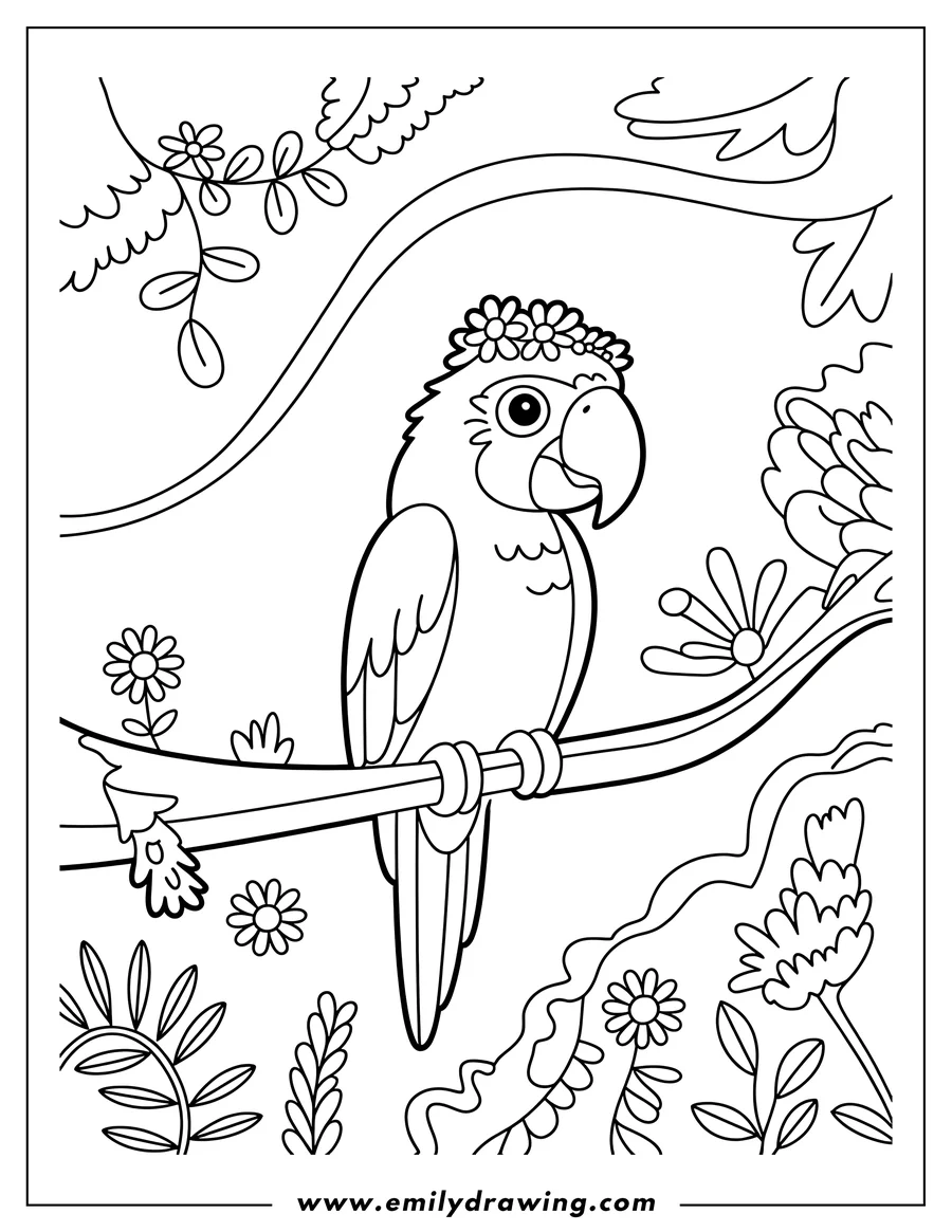 Outline of a macaw wearing a flower crown, perched on a branch.