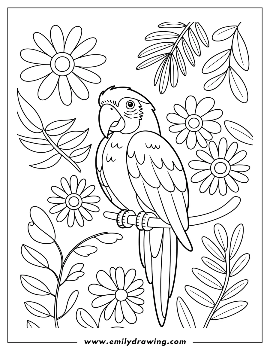 Outline of a macaw perched on a branch amidst flowers and leaves.