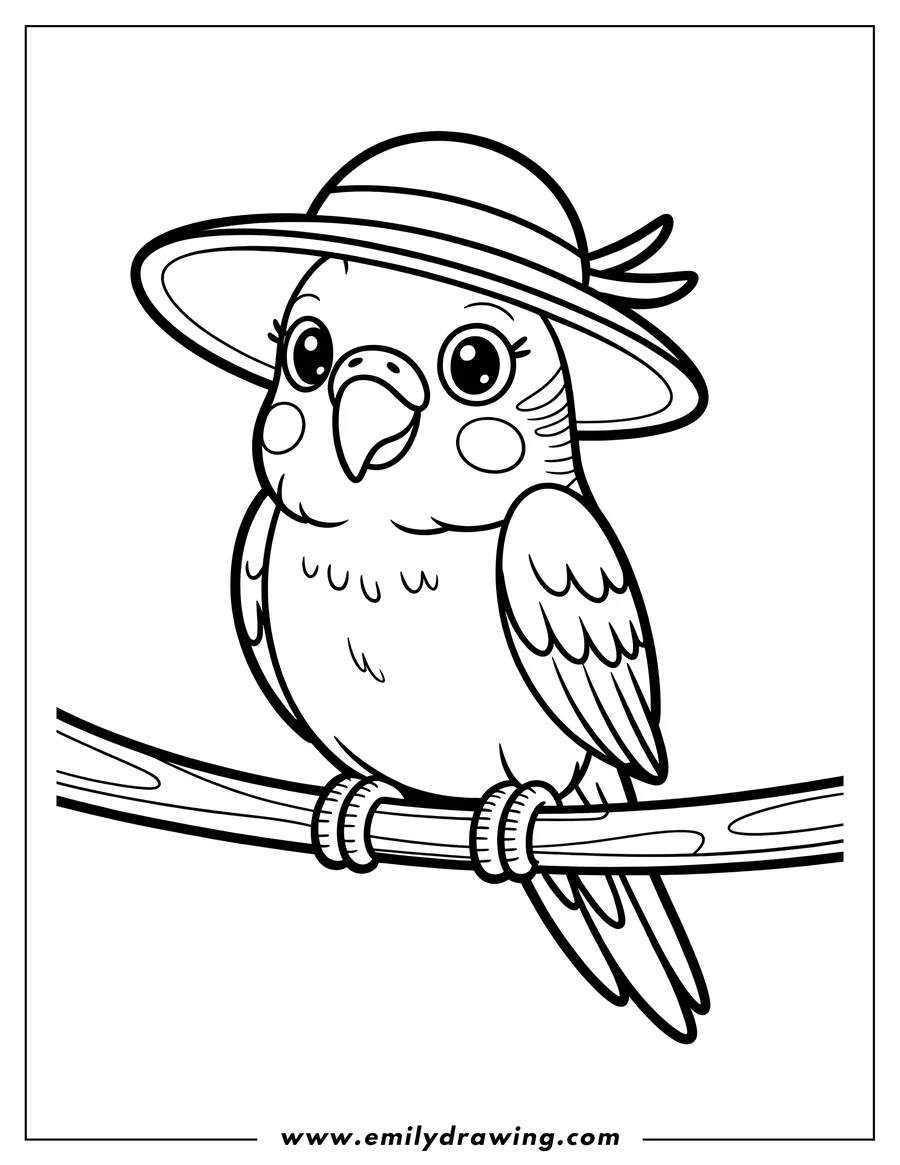 Line art of a macaw wearing a hat and perched on a branch.
